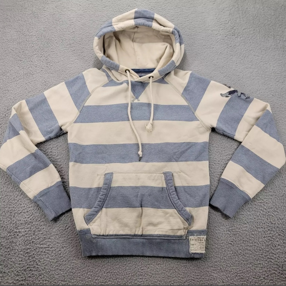 American Eagle Jacket Womens XS Tan Blue Striped Hoodie Draw String Pockets Logo